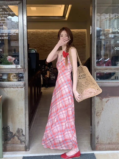 Korean Style Plaid Slip Dress – Long Casual Cami Dress with Plunge Neck & Sleeveless Fit