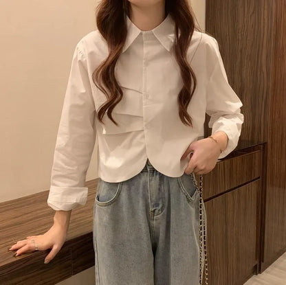 Korean Striped Long Sleeve Crop Shirt for Women | Polo Collar Casual Aesthetic Top | Cotton Blend