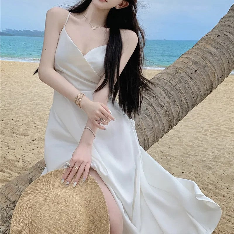 Elegant White Spaghetti Strap Backless Summer Maxi Dress – Beach Vacation Boho Dress