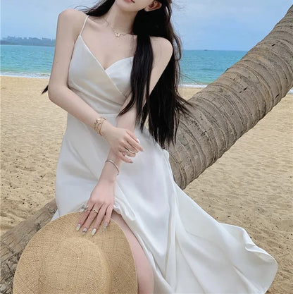 Elegant White Spaghetti Strap Backless Summer Maxi Dress – Beach Vacation Boho Dress