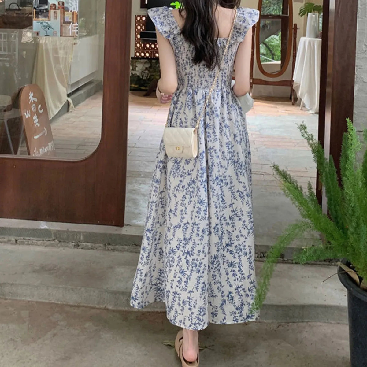 Blue Floral Ruffle Strap Cotton Maxi Dress – Casual Prairie Chic Style