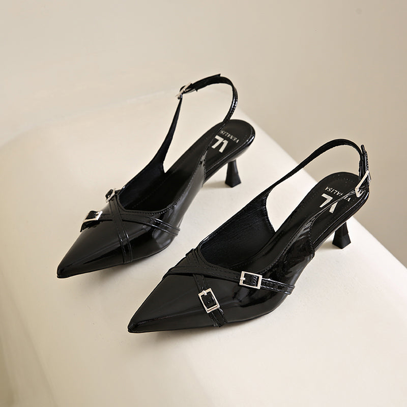 Elegant Pointed Toe Slingback Heels for Women – 3-Inch PU Leather Cone Heel Sandals