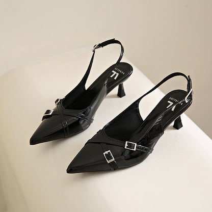 Elegant Pointed Toe Slingback Heels for Women – 3-Inch PU Leather Cone Heel Sandals