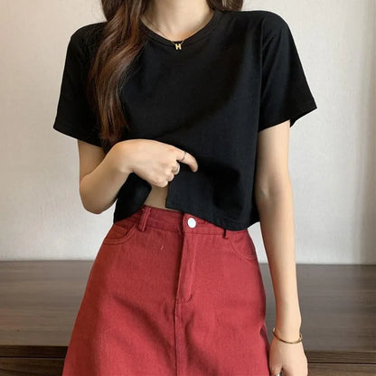 Solid Color Crop Top for Women | Cute Short Sleeve Round Neck T-Shirt | Summer Casual Fit