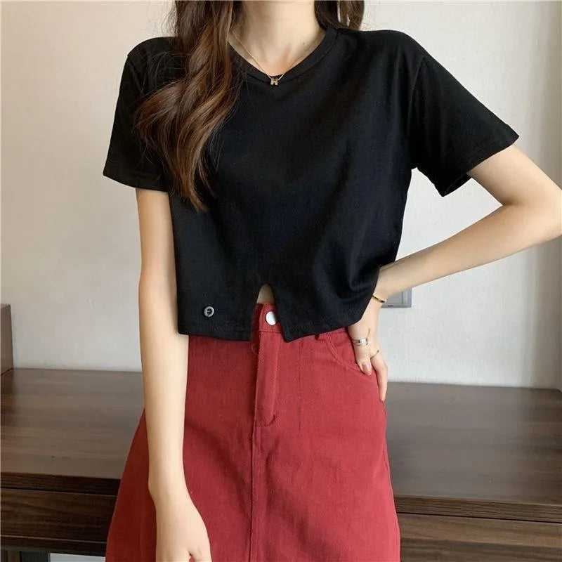 Solid Color Crop Top for Women | Cute Short Sleeve Round Neck T-Shirt | Summer Casual Fit