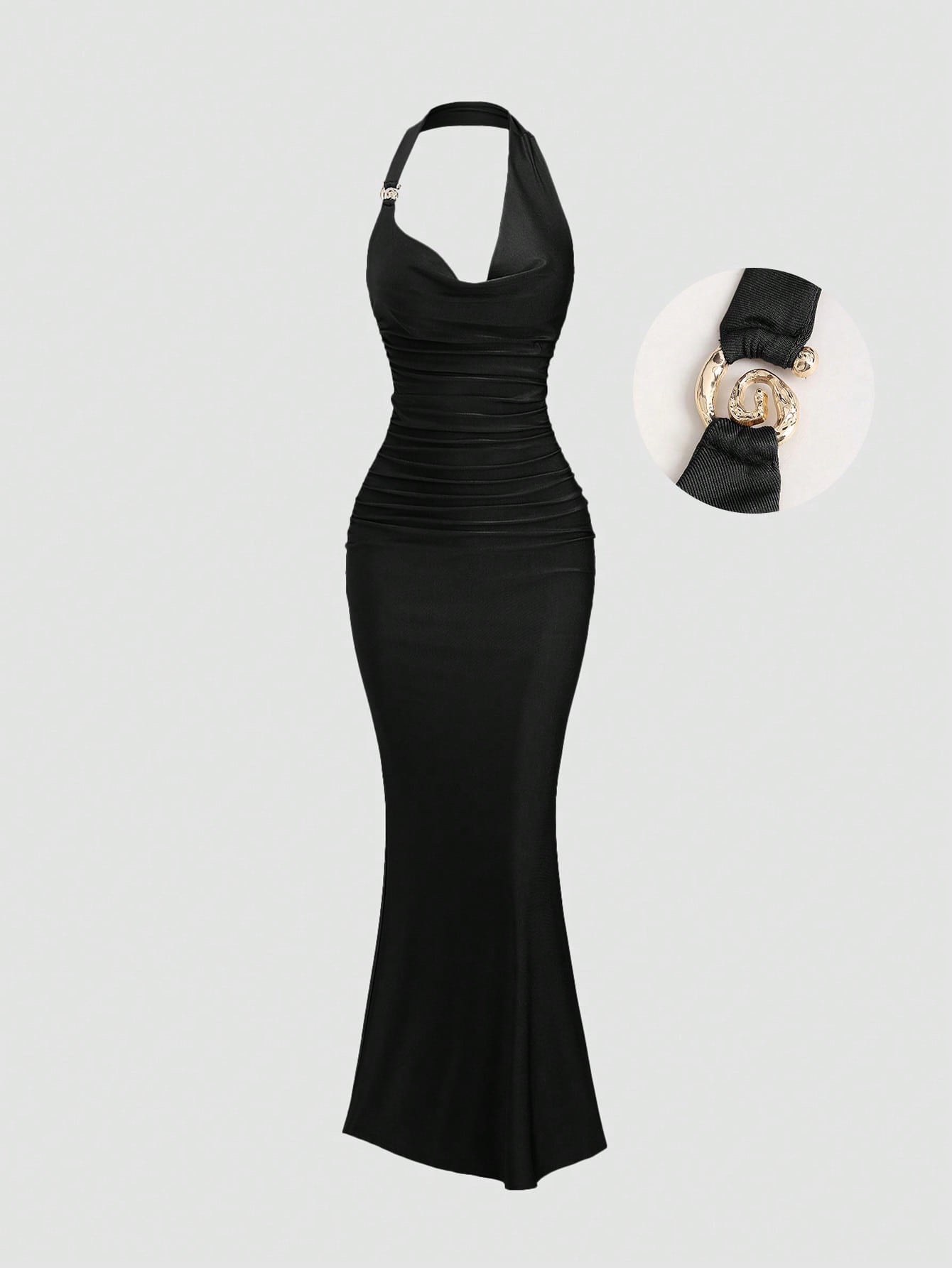 black spaghetti strap belted long dress with a slim fit vintage silhouette and adjustable straps for women by Fashzeo.