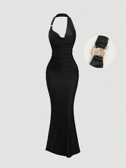 black spaghetti strap belted long dress with a slim fit vintage silhouette and adjustable straps for women by Fashzeo.
