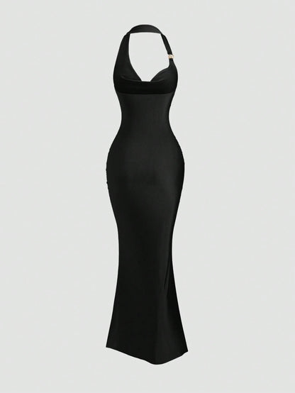 black spaghetti strap belted long dress with a slim fit vintage silhouette and adjustable straps for women by Fashzeo.