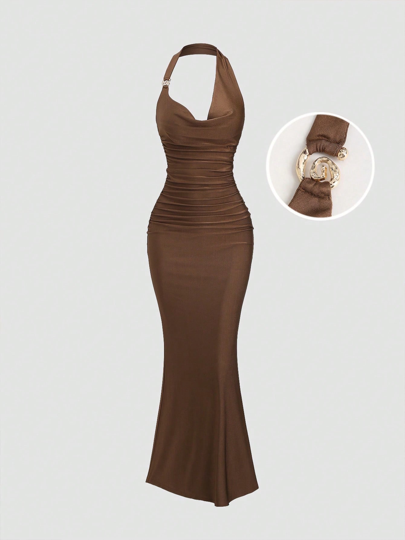 brown spaghetti strap belted long dress with a slim fit vintage silhouette and adjustable straps for women by Fashzeo.