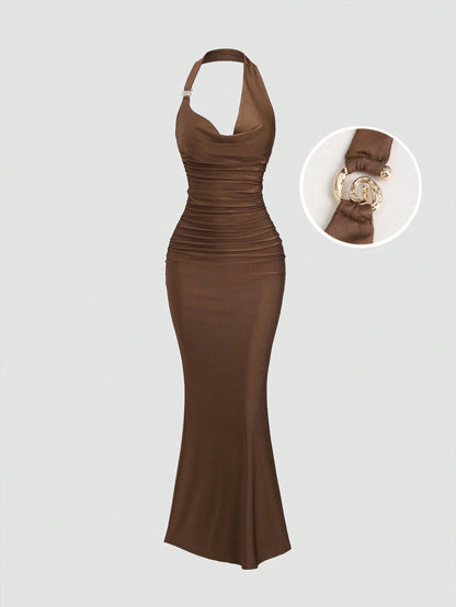 brown spaghetti strap belted long dress with a slim fit vintage silhouette and adjustable straps for women by Fashzeo.