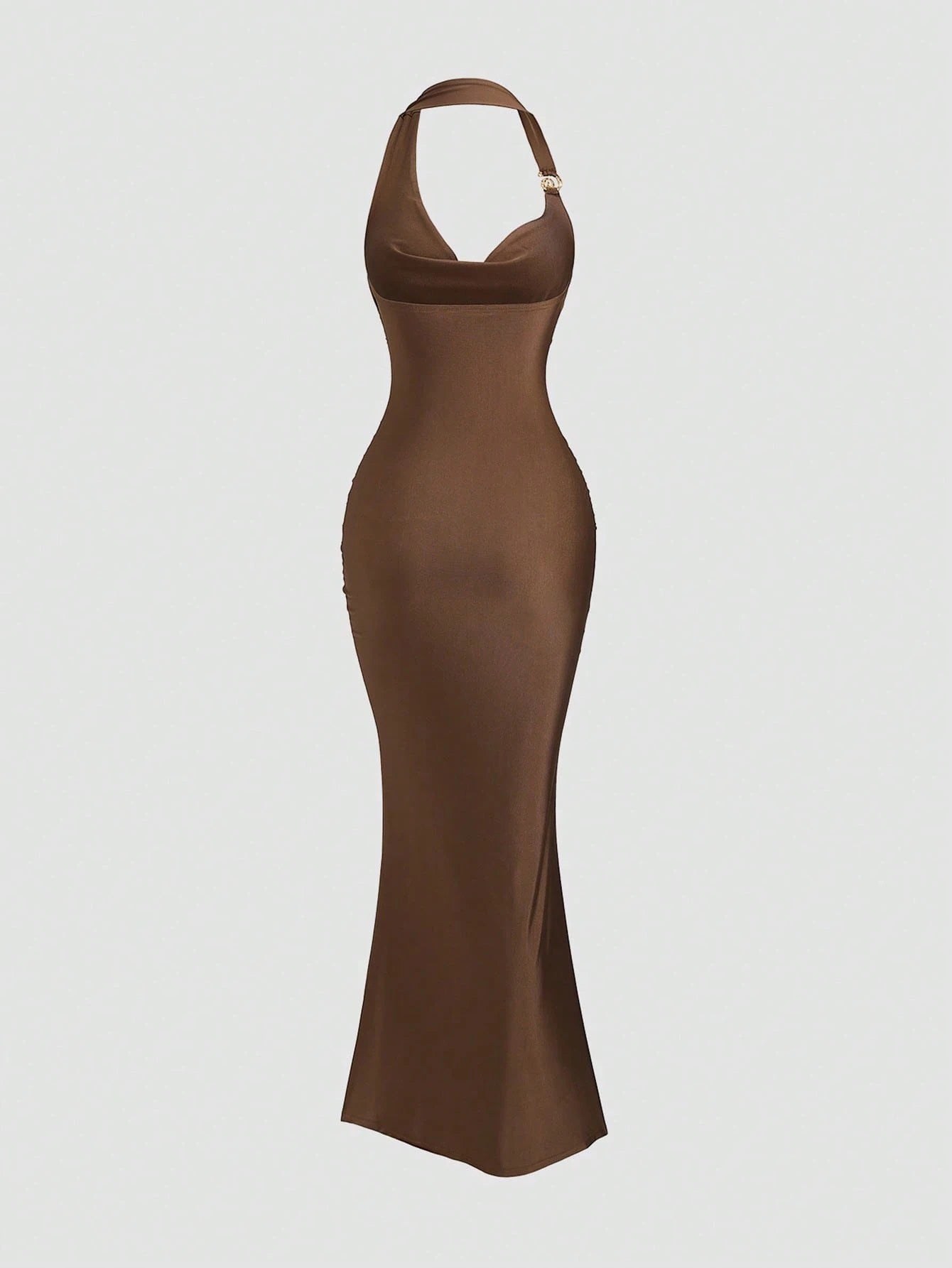 brown spaghetti strap belted long dress with a slim fit vintage silhouette and adjustable straps for women by Fashzeo.