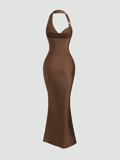 brown spaghetti strap belted long dress with a slim fit vintage silhouette and adjustable straps for women by Fashzeo.