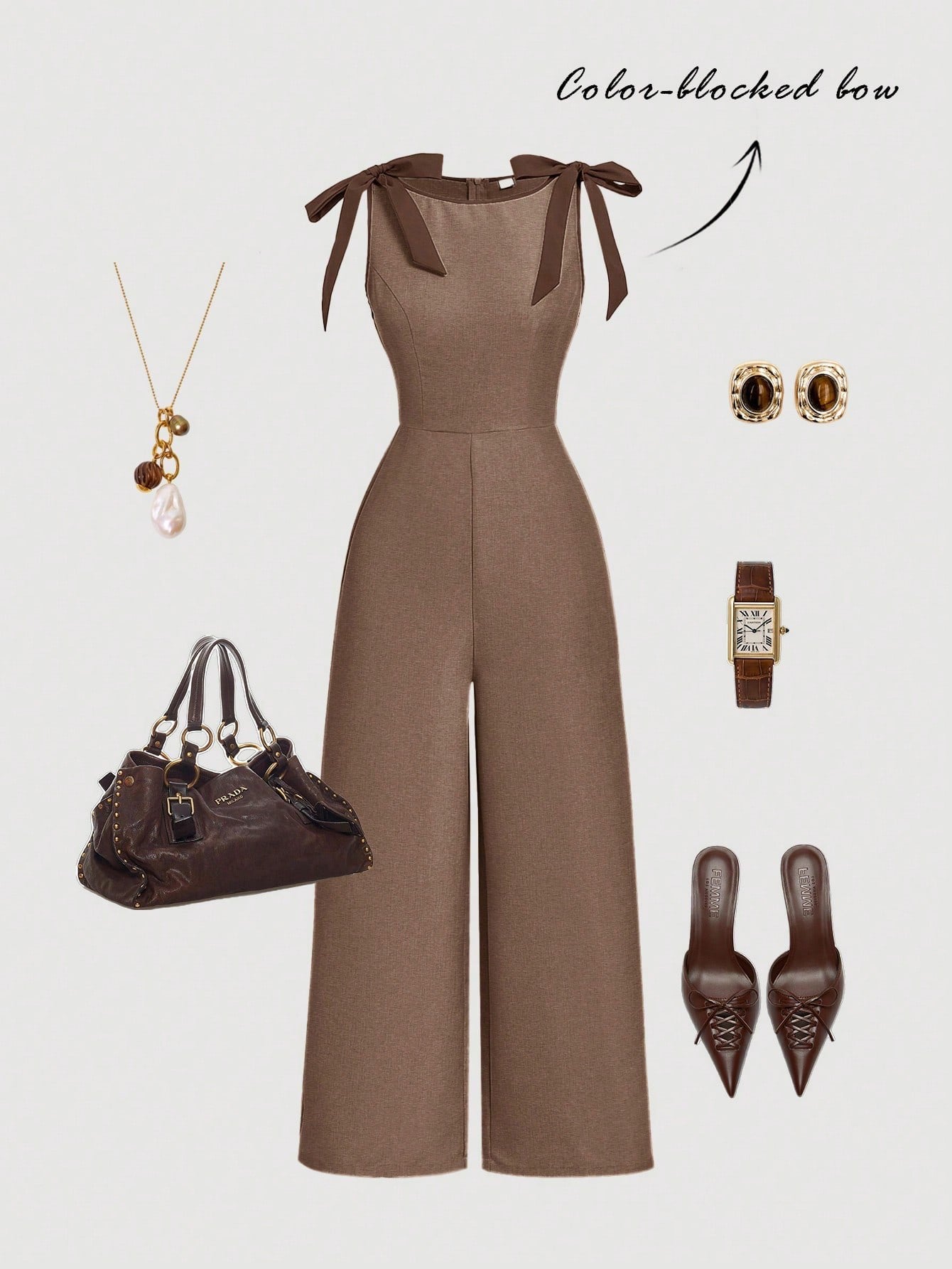 brown wide-leg sleeveless jumpsuit featuring contrast brown shoulder bow ties and trim laid flat against a neutral background