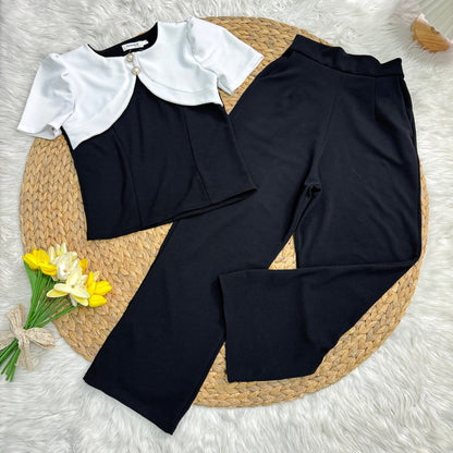 Elegant Wool Wave Co-ord Set with Cropped Shrug & Wide-Leg Pants | Trendy Two-Piece Outfit