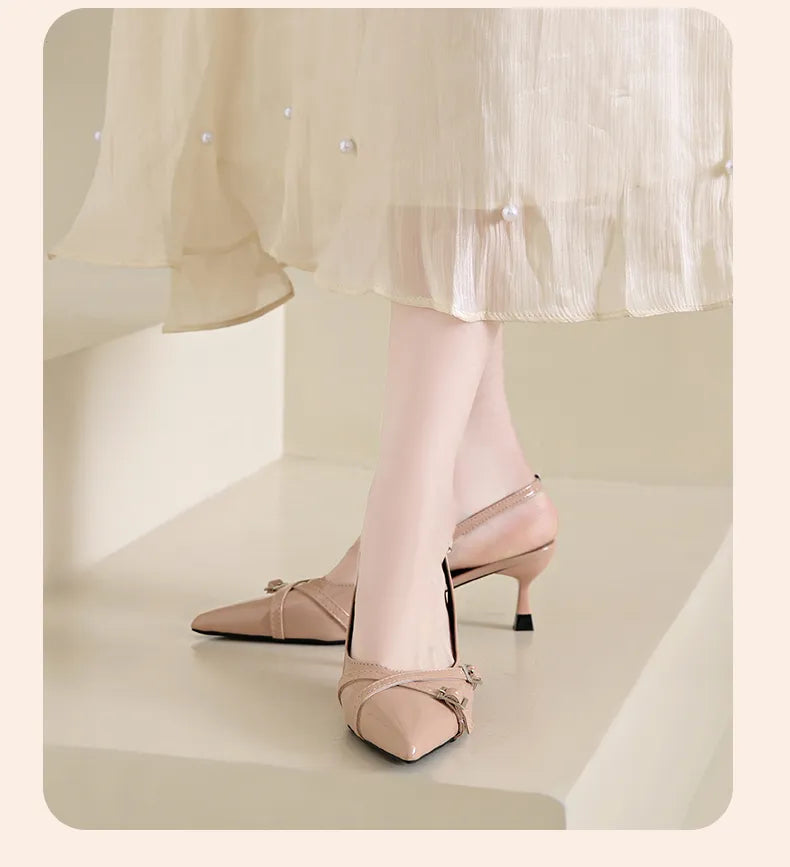 Elegant Pointed Toe Slingback Heels for Women – 3-Inch PU Leather Cone Heel Sandals