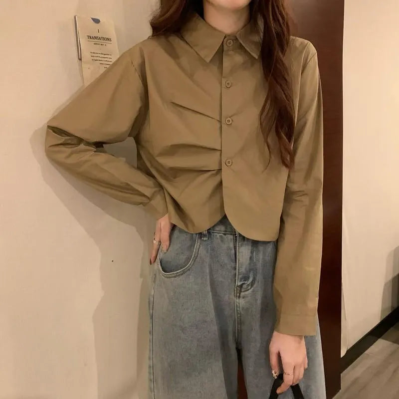Korean Striped Long Sleeve Crop Shirt for Women | Polo Collar Casual Aesthetic Top | Cotton Blend