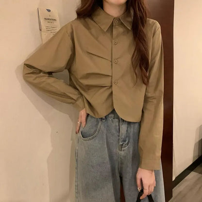 Korean Striped Long Sleeve Crop Shirt for Women | Polo Collar Casual Aesthetic Top | Cotton Blend