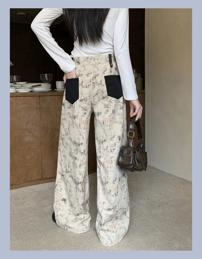 High-Waisted Tie-Dye Tapered Denim Pants – Vintage Style with Back Pockets, Khaki Fit