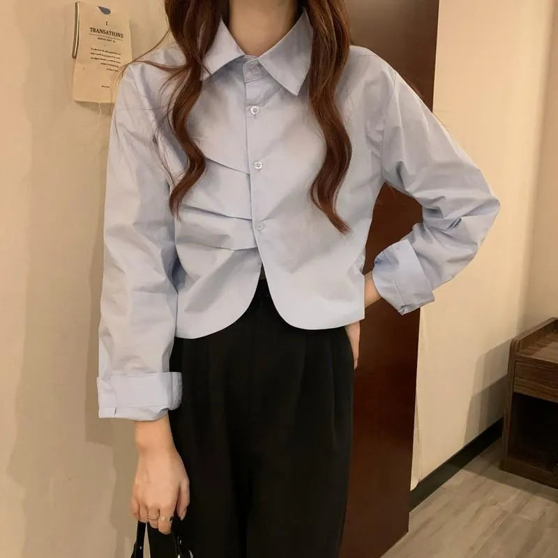 Korean Striped Long Sleeve Crop Shirt for Women | Polo Collar Casual Aesthetic Top | Cotton Blend
