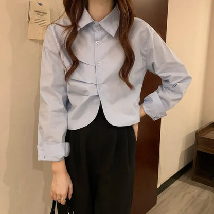 Korean Striped Long Sleeve Crop Shirt for Women | Polo Collar Casual Aesthetic Top | Cotton Blend