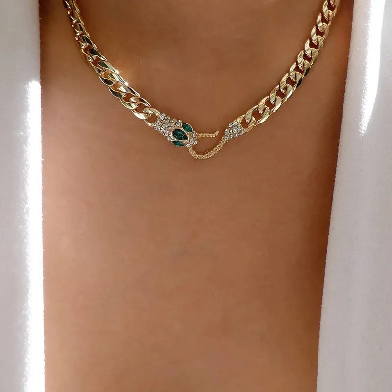 Snake Chain Necklace for Women – Gold-Tone Alloy, Faux Diamond Crystal Choker, Statement Collar Jewelry