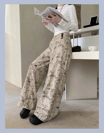 High-Waisted Tie-Dye Tapered Denim Pants – Vintage Style with Back Pockets, Khaki Fit