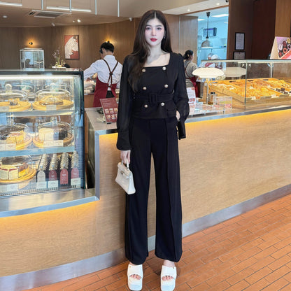Elegant Wool Wave Co-ord Set with Belted Square-Neck Top & Wide-Leg Pants | Chiffon Sleeve Two-Piece Outfit