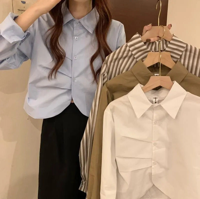Korean Striped Long Sleeve Crop Shirt for Women | Polo Collar Casual Aesthetic Top | Cotton Blend