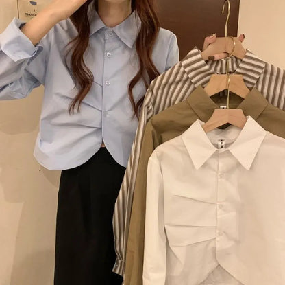 Korean Striped Long Sleeve Crop Shirt for Women | Polo Collar Casual Aesthetic Top | Cotton Blend