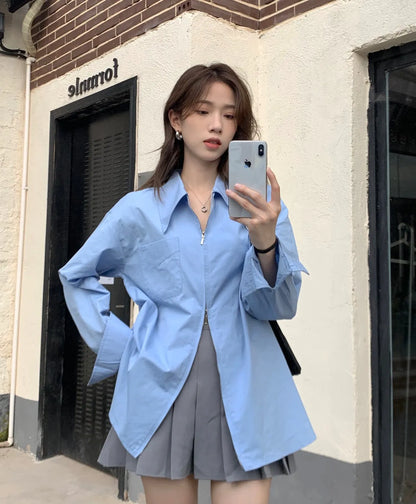 Korean Style Oversized Zipper Shirt for Women | Long Sleeve Minimalist Lapel Top | Trendy Look