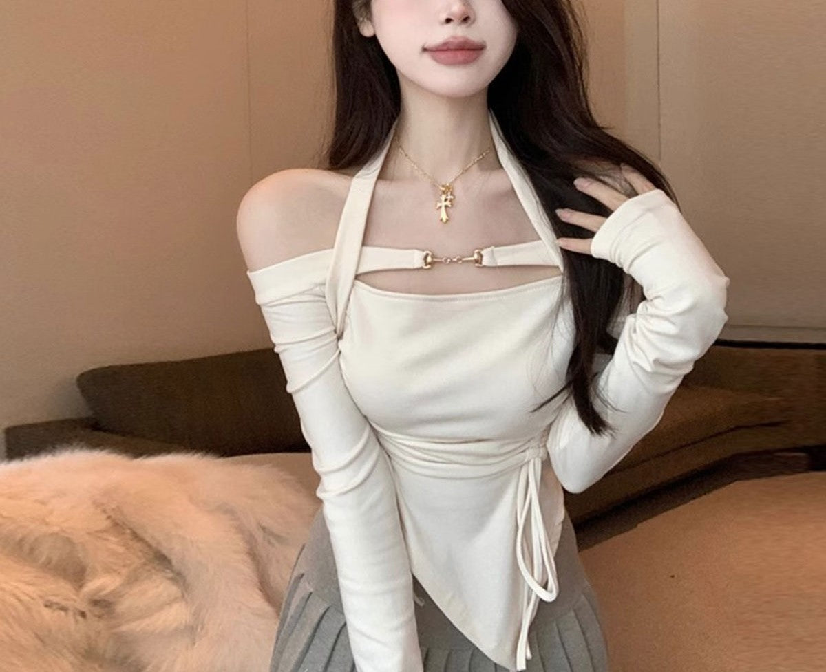 Chic Off-Shoulder Criss Cross Crop Top for Women | Fancy Long Sleeve Tie-Front Top Set | Trendy Korean Style