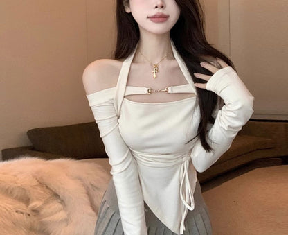 Chic Off-Shoulder Criss Cross Crop Top for Women | Fancy Long Sleeve Tie-Front Top Set | Trendy Korean Style