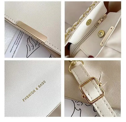 Trendy PU Leather Handbag with Gold Chain – Adjustable Shoulder Bag, Plain Solid Colors