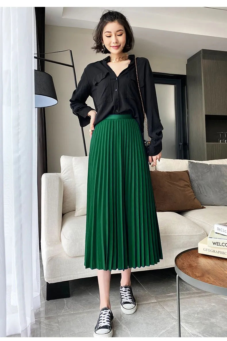 Pleated Satin A-Line Skirt