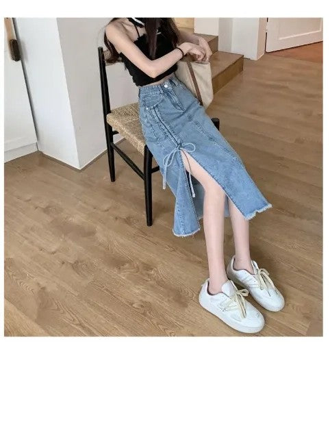 Denim Midi Skirt with Side Slits