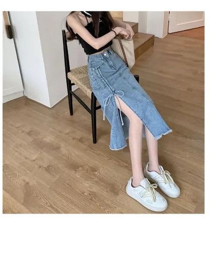 Denim Midi Skirt with Side Slits