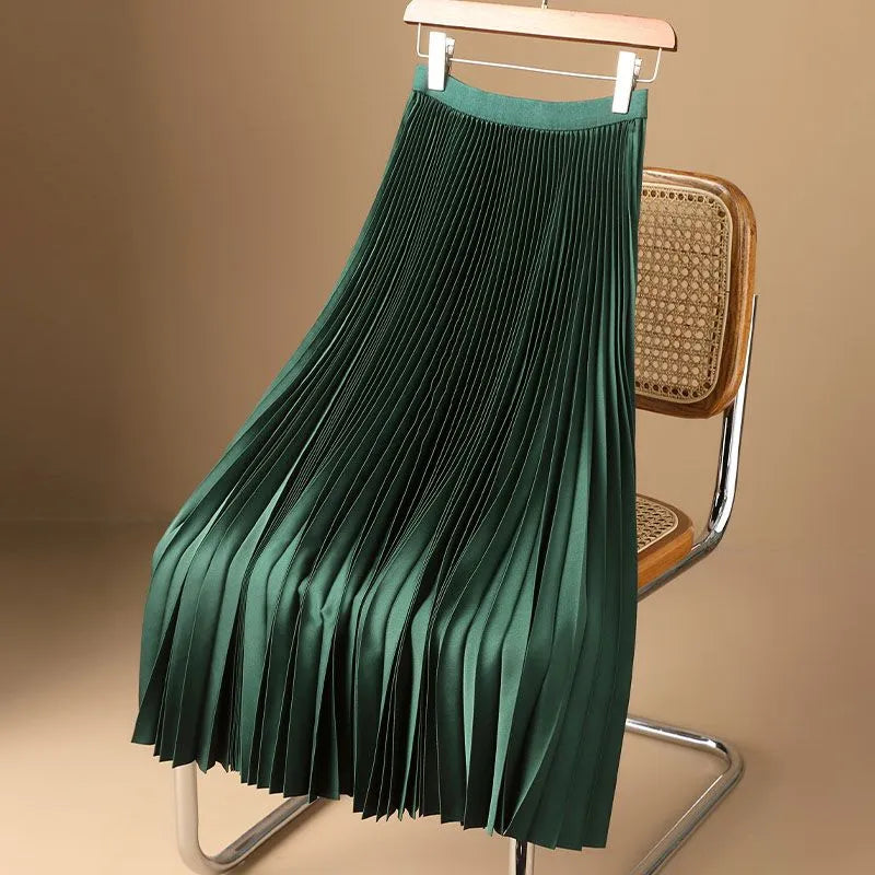 Pleated Satin A-Line Skirt