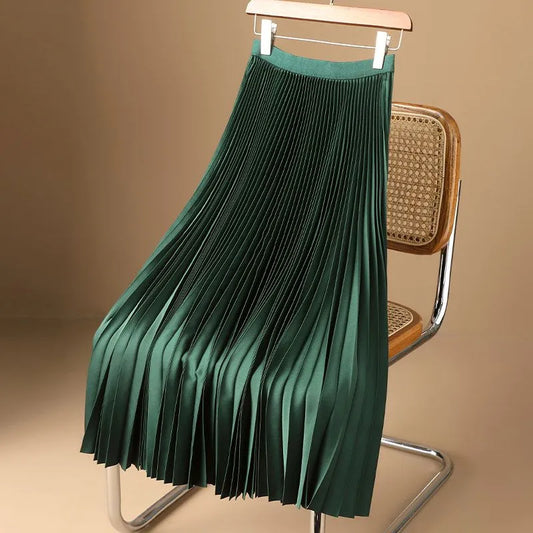 Pleated Satin A-Line Skirt