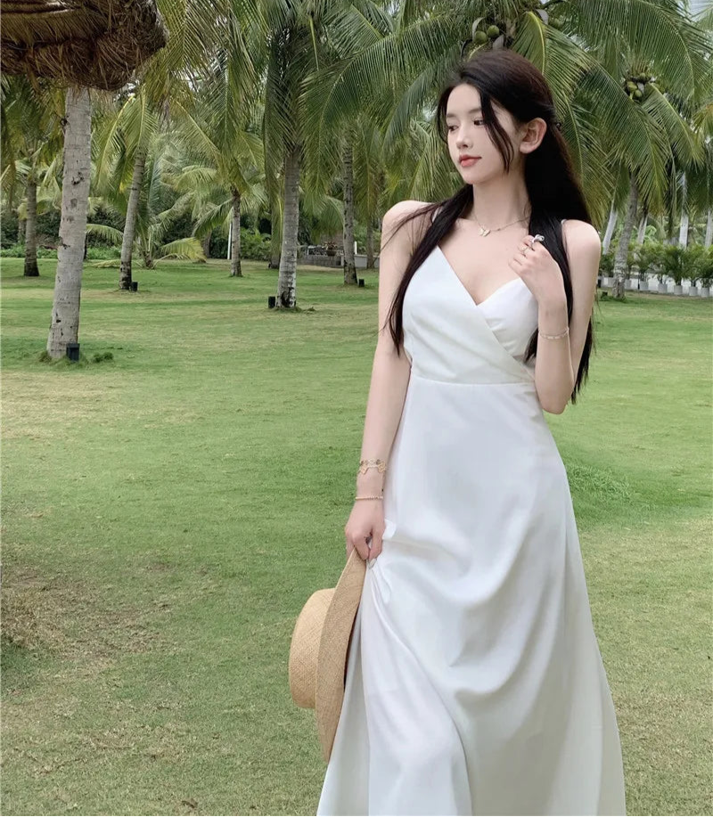 Elegant White Spaghetti Strap Backless Summer Maxi Dress – Beach Vacation Boho Dress