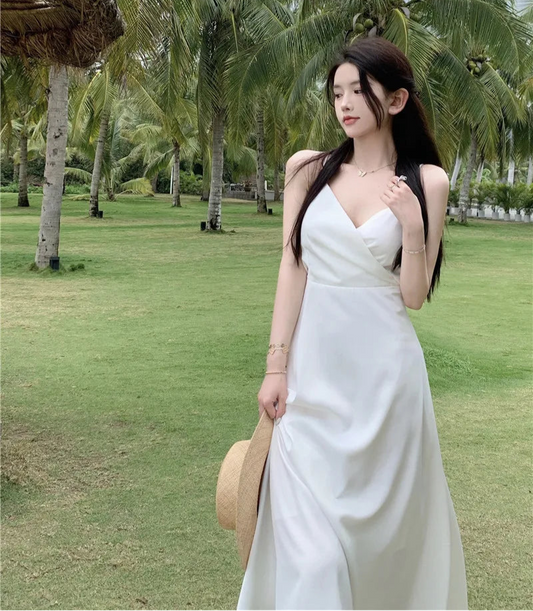 Elegant White Spaghetti Strap Backless Summer Maxi Dress – Beach Vacation Boho Dress