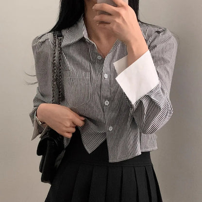 Korean Style Striped Crop Shirt for Women | Oversized Button-Up Long Sleeve Shirt with Asymmetric Hem