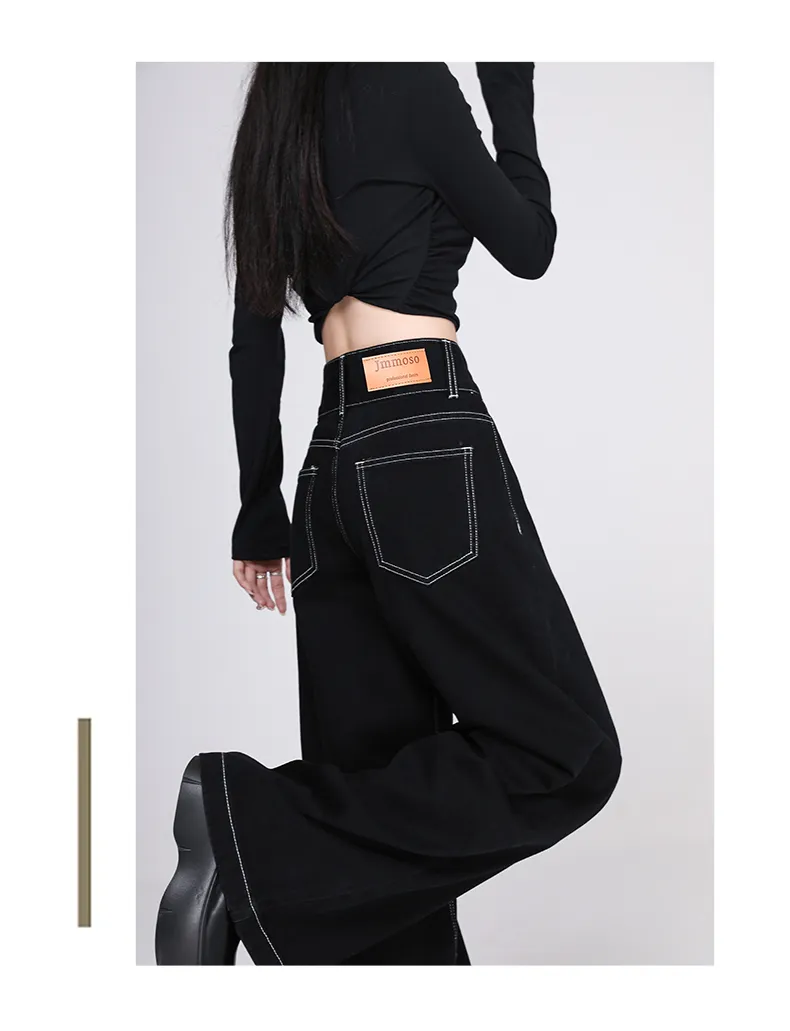 High Waist Black Wide-Leg Denim Jeans – Plus Size, Loose Fit, Y2K Street Style Pants