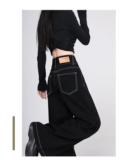 High Waist Black Wide-Leg Denim Jeans – Plus Size, Loose Fit, Y2K Street Style Pants