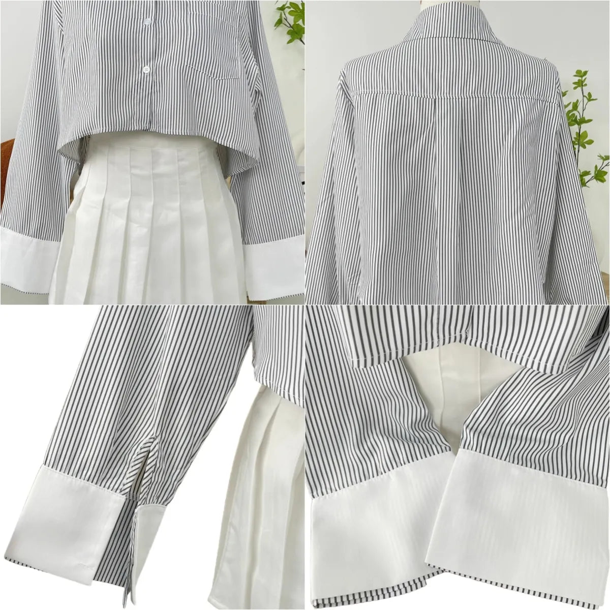 Korean Style Striped Crop Shirt for Women | Oversized Button-Up Long Sleeve Shirt with Asymmetric Hem