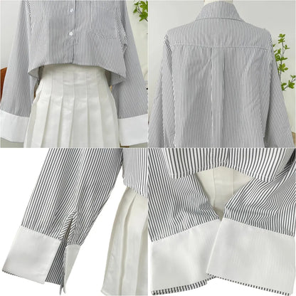 Korean Style Striped Crop Shirt for Women | Oversized Button-Up Long Sleeve Shirt with Asymmetric Hem