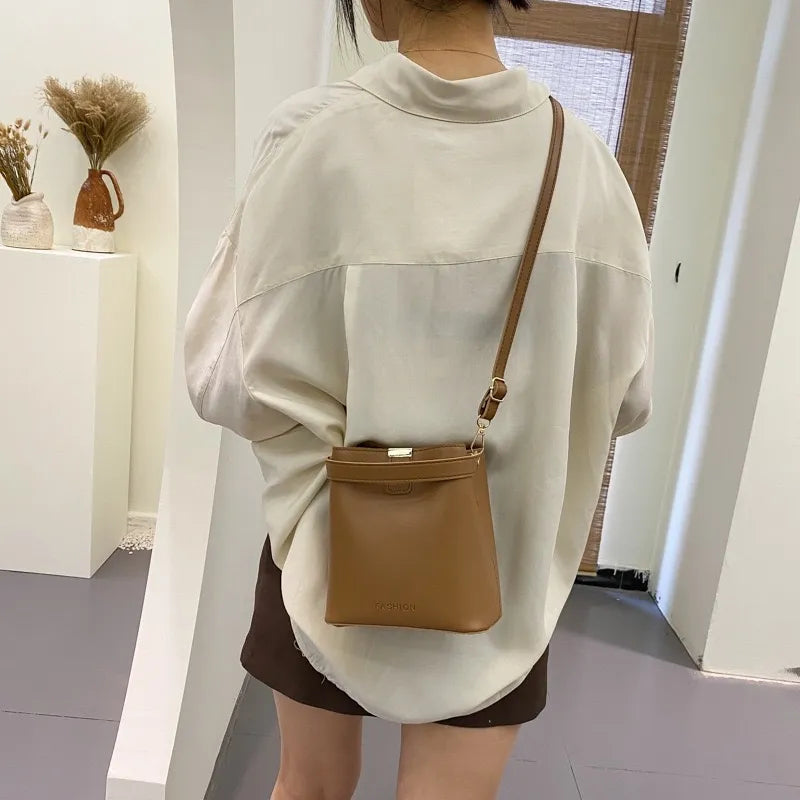 Trendy PU Leather Bucket Bag – Minimalist Shoulder, Crossbody & Handbag | Solid Color, Large Capacity