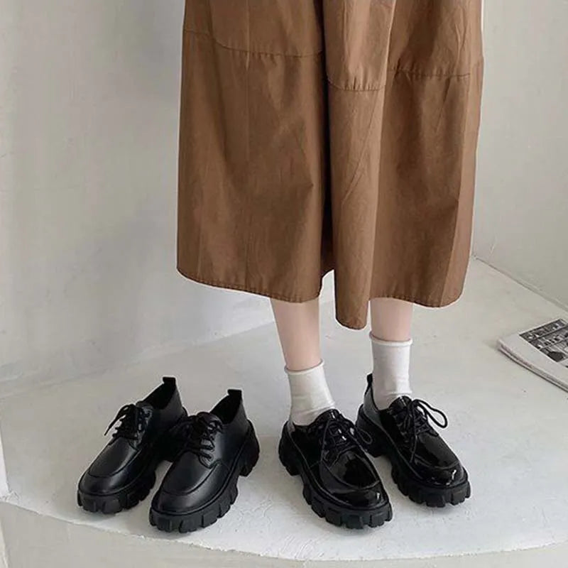 Chunky Platform PU Leather Lace-Up Shoes for Women – Mirror & Matte Black JK Style Loafers