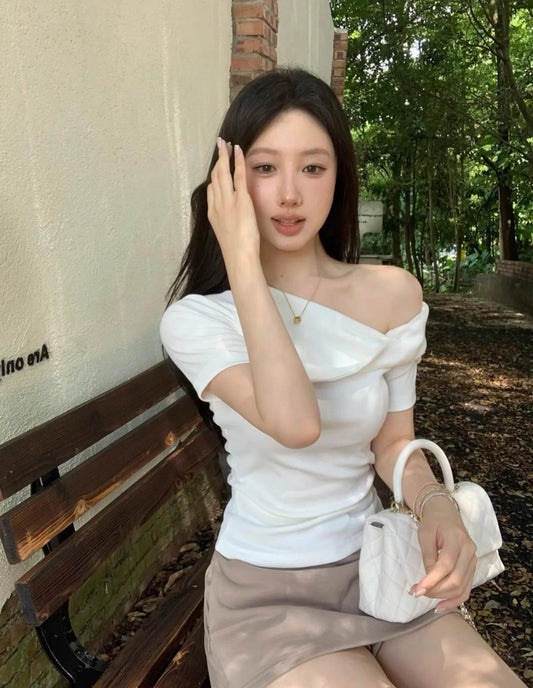 Off-Shoulder Knot T-Shirt for Women | Slim Fit Short Sleeve Tee | Trendy Casual Top