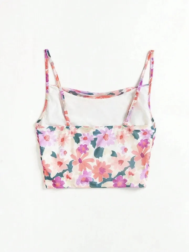 Y2K Floral Mesh Strappy Crop