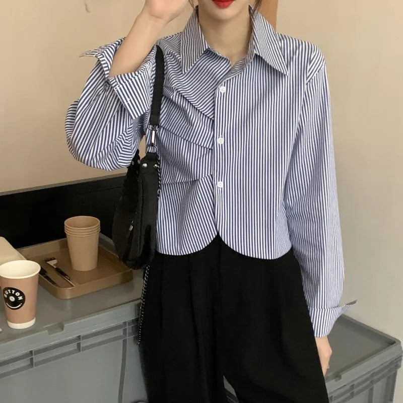 Korean Striped Long Sleeve Crop Shirt for Women | Polo Collar Casual Aesthetic Top | Cotton Blend